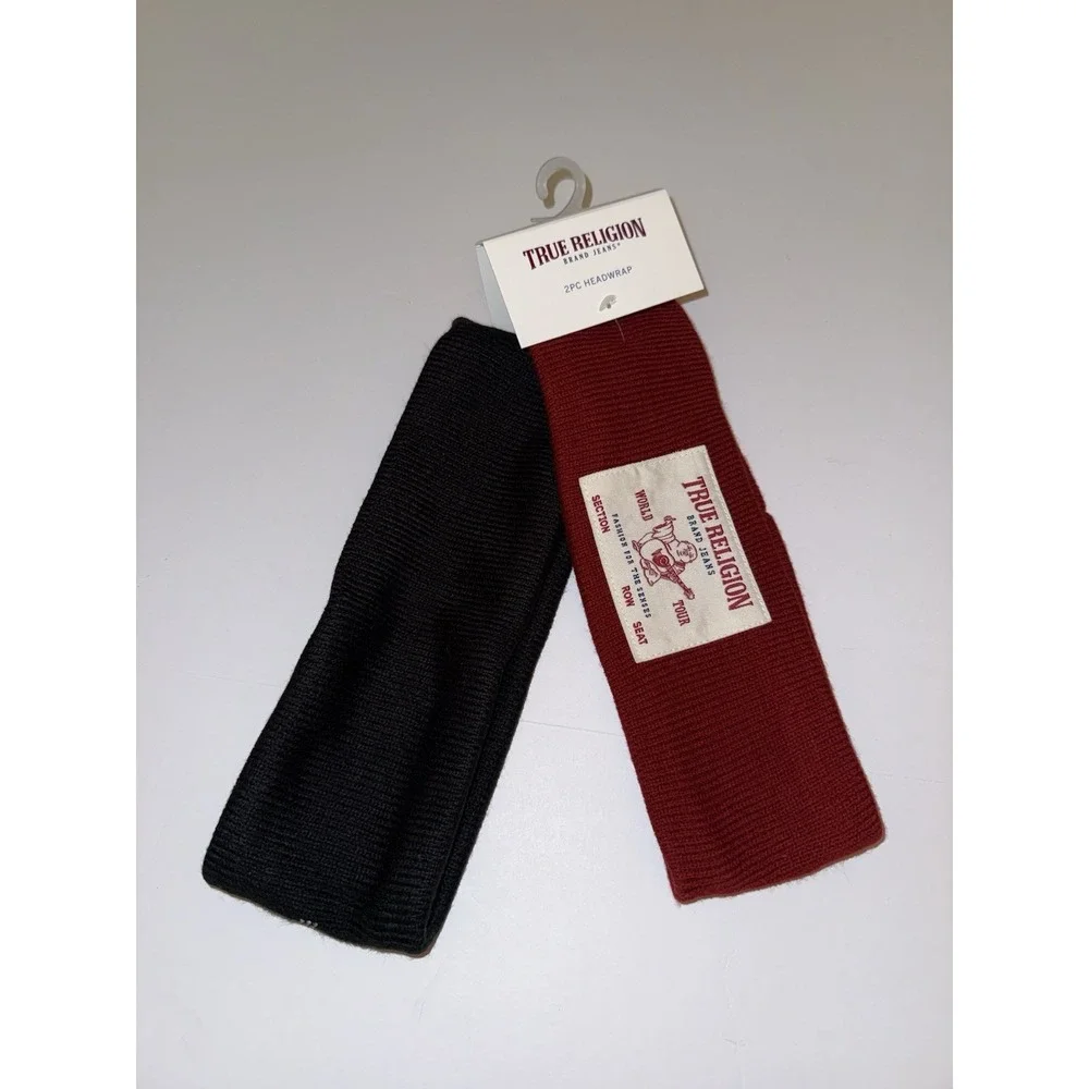 True Religion Headband Unisex 2pc Set Black Red Knit Stretch Logo Gym Work NWT